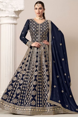 Faux Georgette Anarkali gown wedding dress in Navy blue colour 206C
