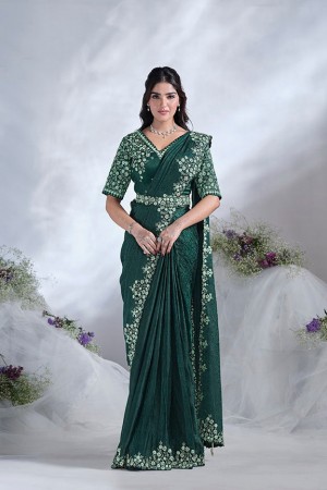 Ready to wear green two tone satin silk saree with stitched blouse 24607