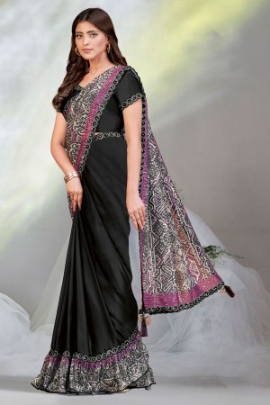 Ready to wear Black Crepe satin silk saree with stitched blouse 24621