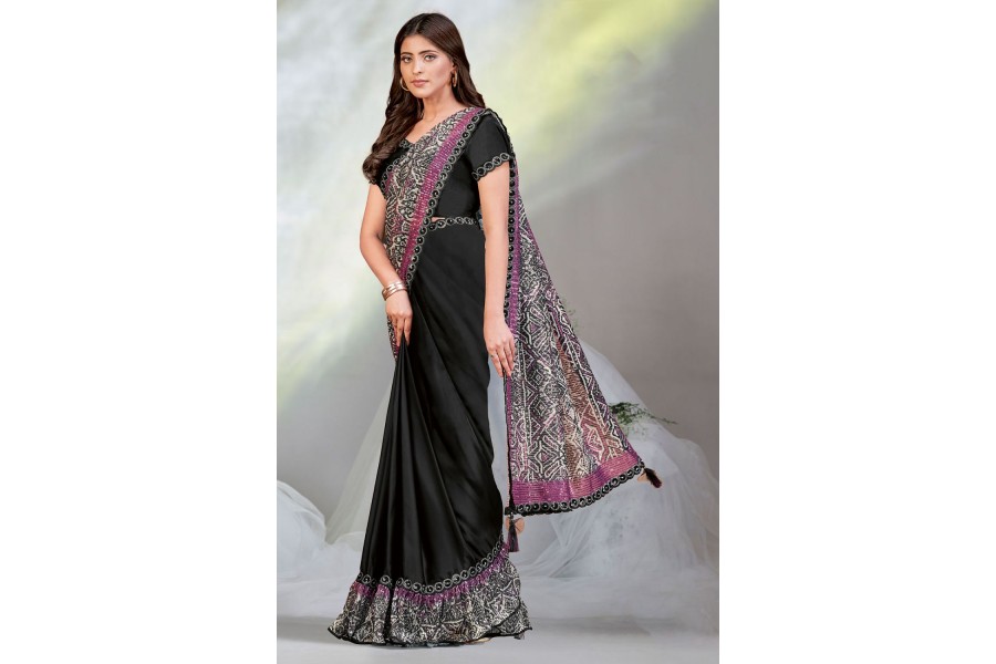 Women's Crepe Black Digital Print Designer Saree With Blouse Piece main image 0