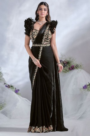 Ready to wear black two tone satin silk saree with stitched blouse 24609