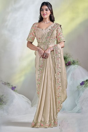 Ready to wear cream two tone satin silk saree with stitched blouse 24610