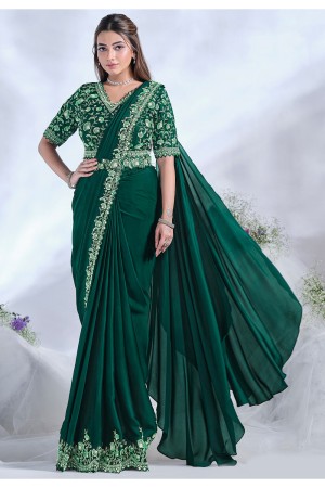 Ready to wear green crepe satin silk saree with stitched blouse 24618