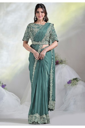 Ready to wear aqua green crepe satin silk saree with stitched blouse 24614