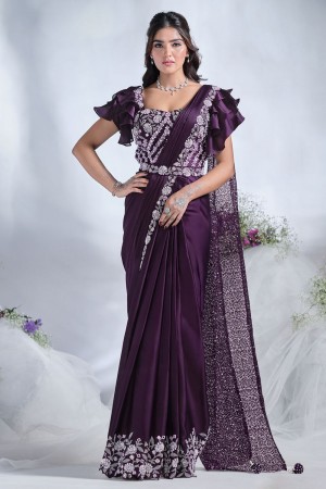 Ready to wear Purple crepe satin silk saree with stitched blouse 24608