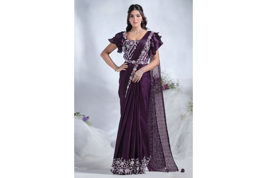 Luxury premium purple crepe silk sarees main image 0