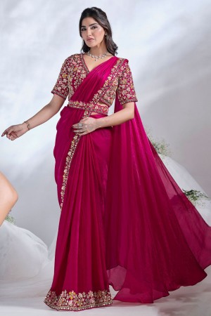 Ready to wear Pink crepe satin silk saree with stitched blouse 24615