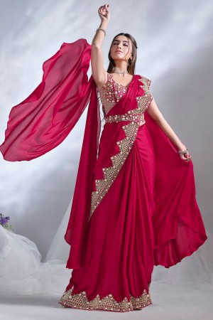 Ready to wear red crepe satin silk saree with stitched blouse 24606