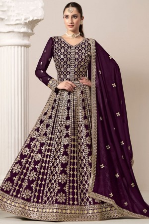 Faux Georgette Anarkali gown wedding dress in Wine colour 206B