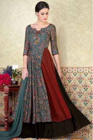 Grey color tussar silk party wear anarkali kameez 5309