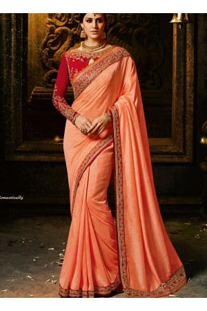 Peach and red silk Party wear saree