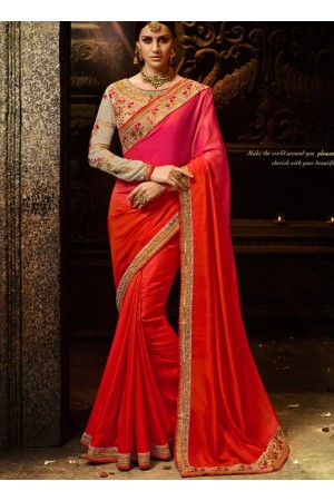 Orange and rani shaded silk Party wear saree