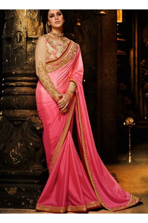 Pink color chinon Party wear saree