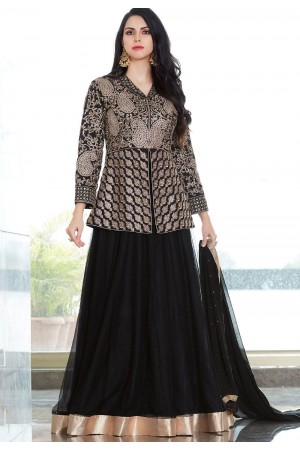 Black Net Long Jacket Embroidered Lehenga Style Suit 2504