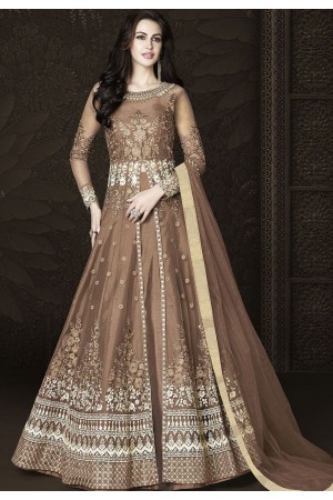 Brown Net Floor Length Embroidered Lehenga Anarkali Suit 6434