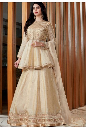 Cream Silk Viscose Long Jacket Lehenga Style Suit 2505