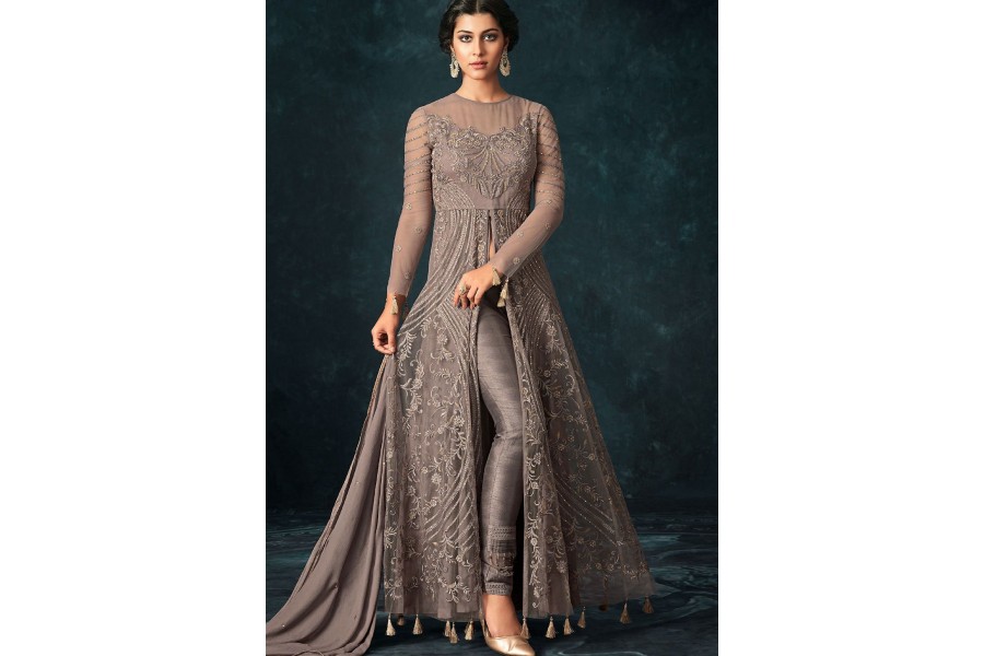 Fawn Front Open Embroidered Gown & Trouser | Stylish dresses, Party wear  dresses, Stylish dress designs