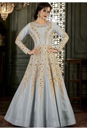 Grey Silk Long Embroidered Anarkali Suit 34001