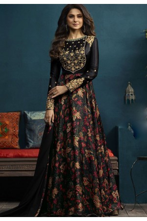 Jennifer Winget Black Satin Silk Long Anarkali Suit 5021