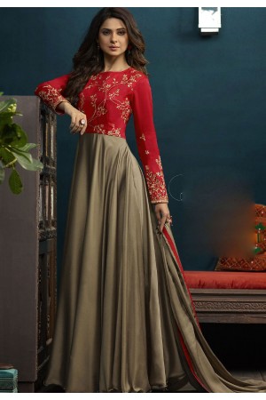 Jennifer Winget Steal Grey and Red Silky Georgette Long Anarkali Suit 5019