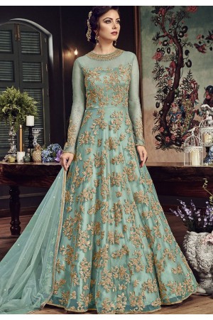 Sky Blue Net Embroidered Floor Length Anarkali Suit 5807C