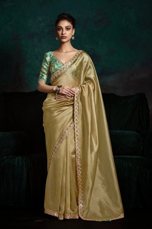 Golden tissue sequins embroidered wedding saree with blouse 2171