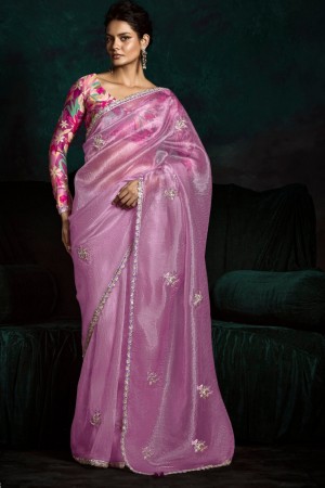 Mauve Pink tissue sequins embroidered wedding saree with blouse 2173