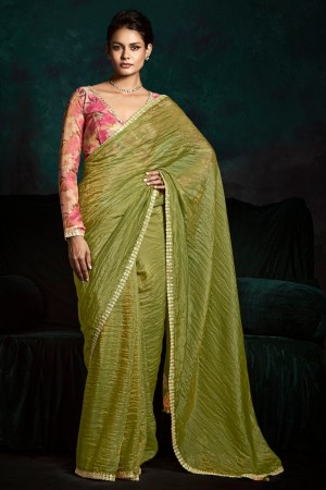 Parrot green tissue sequins embroidered wedding saree with blouse 2181