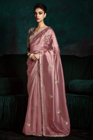 Pink tissue sequins embroidered wedding saree with blouse 2180