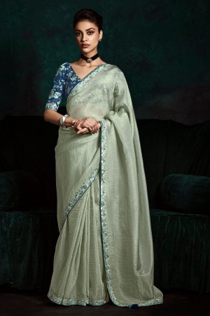 Powder blue tissue sequins embroidered wedding saree with blouse 2179