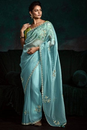 Sky blue tissue sequins embroidered wedding saree with blouse 2177