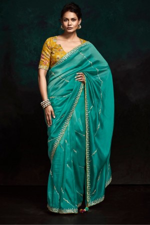 Turquoise and Yellow tissue sequins embroidered wedding saree with blouse 2174