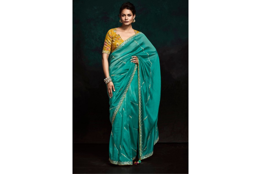 Sugandha Turquoise Hand Embroidery Applique Saree