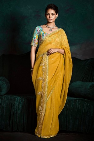Yellow tissue sequins embroidered wedding saree with blouse 2176
