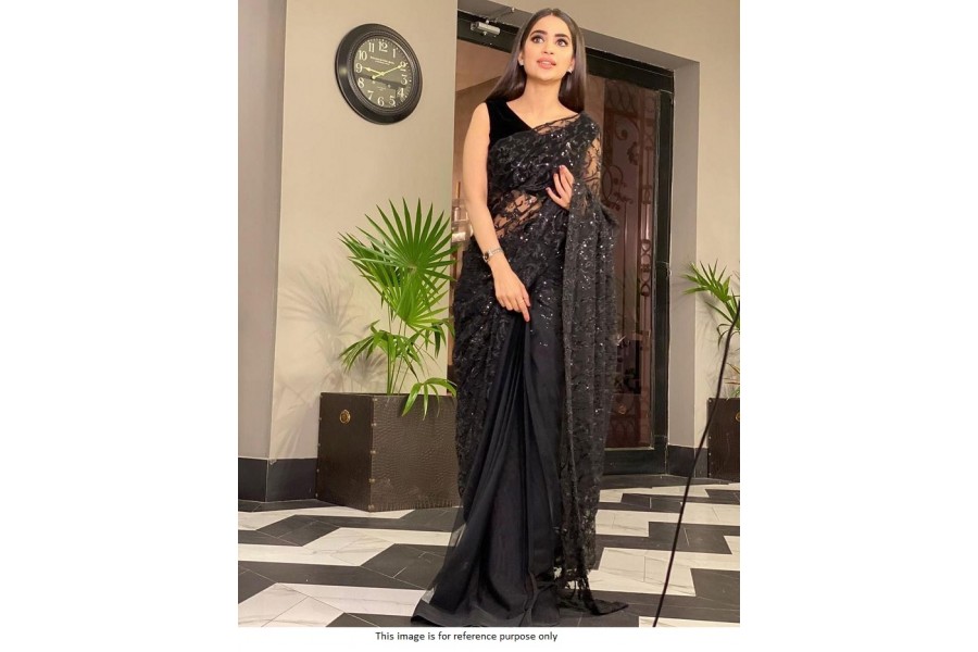 Buy Bollywood model black net sequins saree in UK, USA and Canada