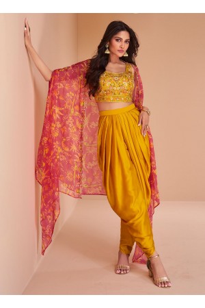 Yellow satin readymade dhoti set cape suit 5352