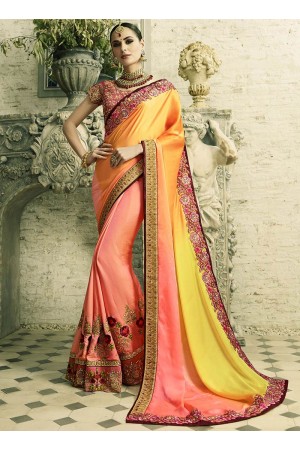 Peach and yellow georgette and silk crepe wedding wear saree