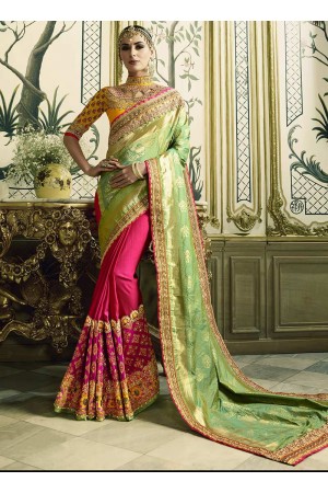 Pink and yellow silk crepe jacquard and art silk wedding wear saree