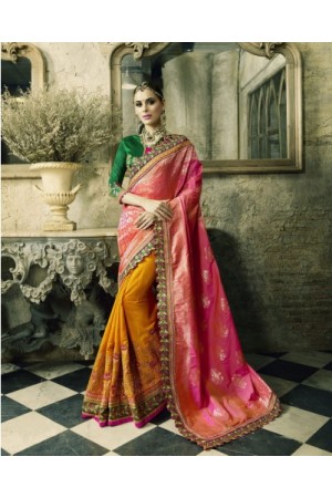 Pink and yellow silk crepe and crepe jacquard wedding wear saree