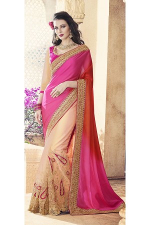 Party-wear-Chikoo-Pink-Orange-color-saree