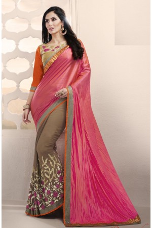 Party-wear-pink-orange-brown-color-saree