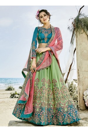 Mint green blue and peach silk wedding lehenga