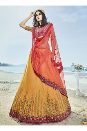 Mustuard yellow and pink silk wedding lehenga