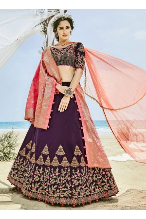 Purple and peach silk wedding lehenga