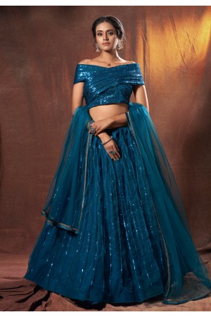 Blue net sequins work designer lehenga choli 6314