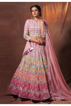 Pink georgette mirror work lehenga choli 6310