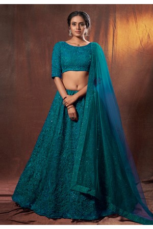 Teal net sequins work lehenga choli 6309