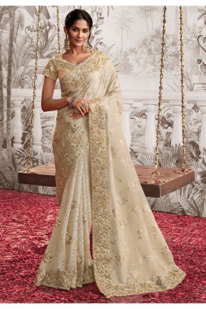 Ivory viscous art silk embroidered wedding saree with blouse 8201