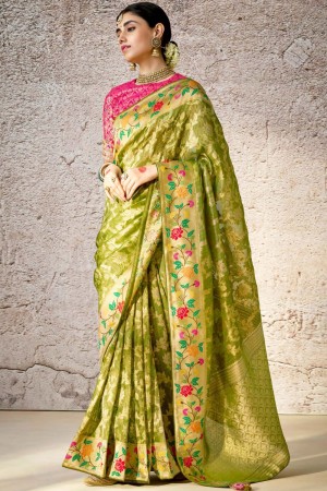 Lime green banarasi silk embroidered wedding saree with blouse 292
