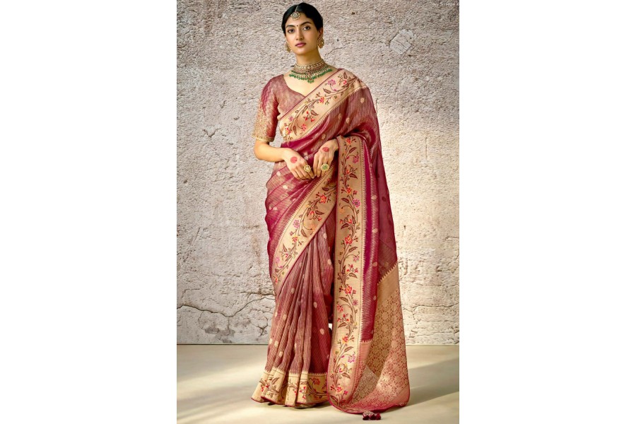 Snuggle Spot Women's Banarasi Silk Saree With Blouse (Maroon, 5-6Mtrs)